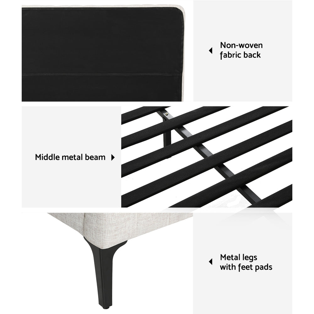 Marlowe Bed Frame Fabric with Headboard Wooden Slats Metal Legs - Beige King