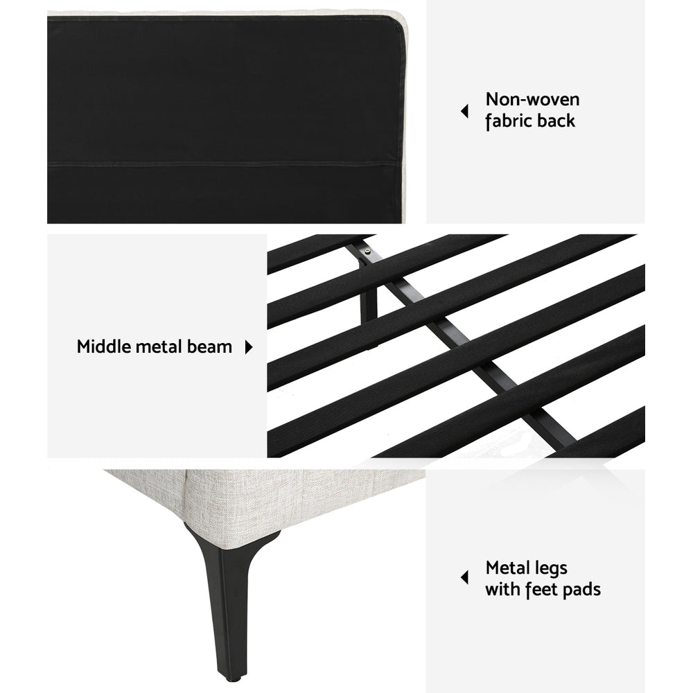 Marlowe Bed Frame Base with Headboard Fabric Wooden Slats Metal Legs - Beige Queen