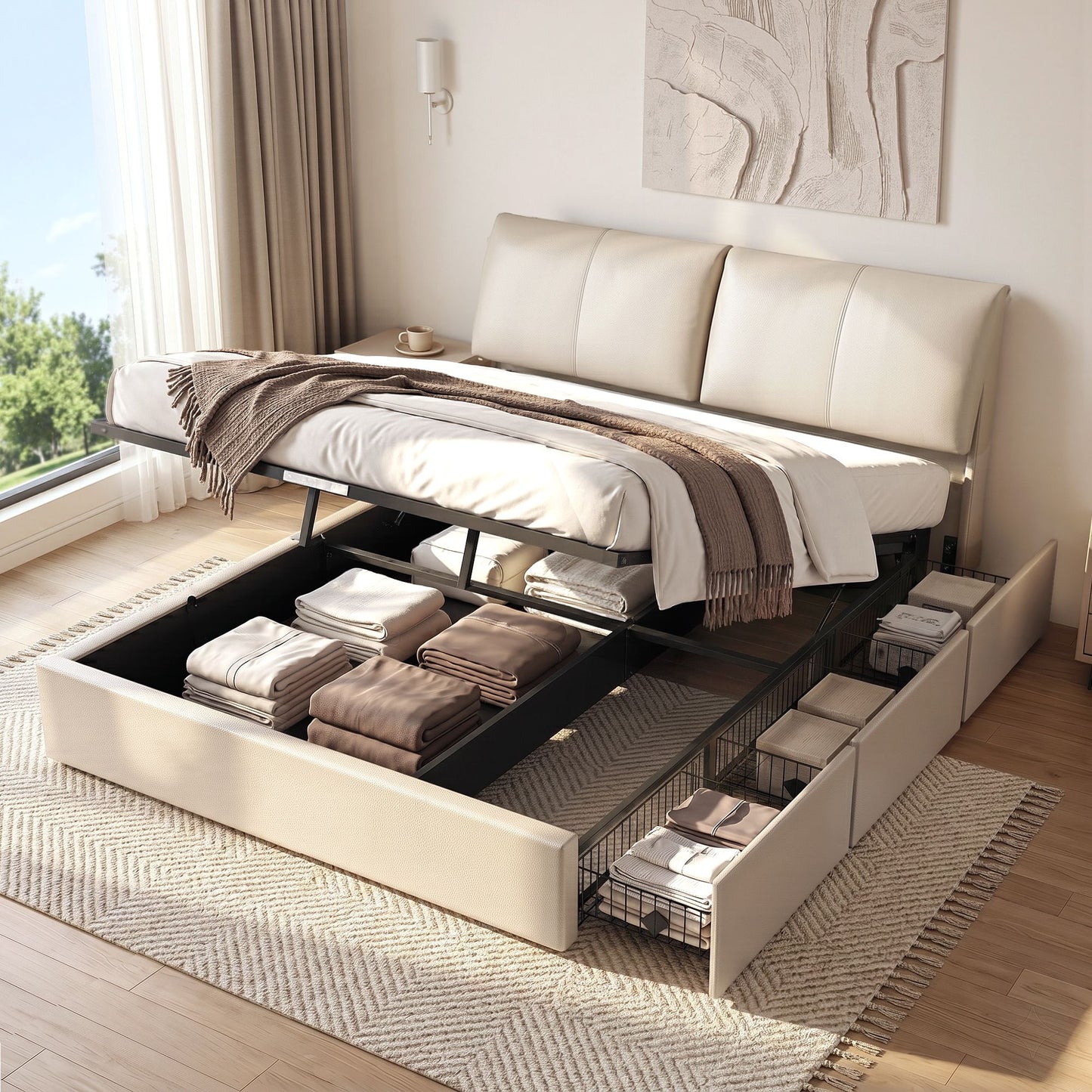 Zevora Bed Frame Gas Lift Storage 3 Drawers Adjustable Headboard Platform Base - Beige King