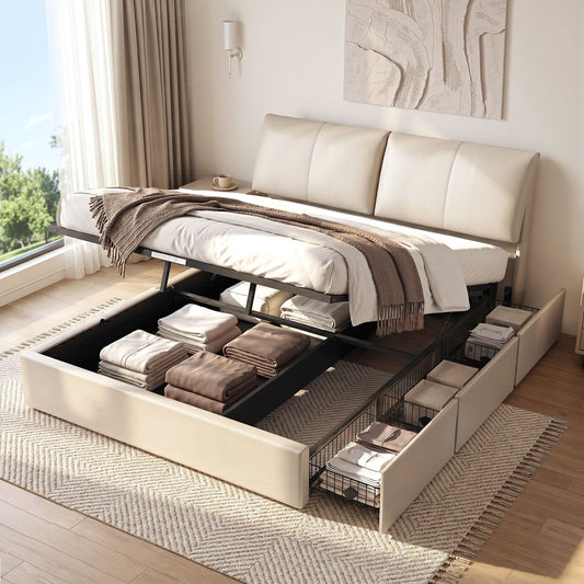 Zevora Bed Frame Gas Lift Storage 3 Drawers Adjustable Headboard Platform Base - Beige King