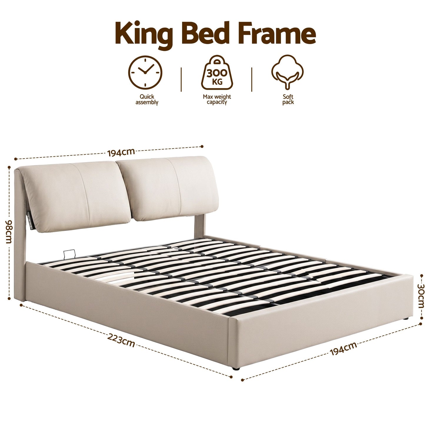 Zevora Bed Frame Gas Lift Storage 3 Drawers Adjustable Headboard Platform Base - Beige King