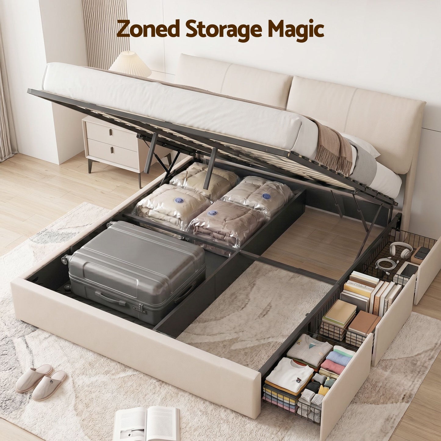 Zevora Bed Frame Gas Lift Storage 3 Drawers Adjustable Headboard Platform Base - Beige King