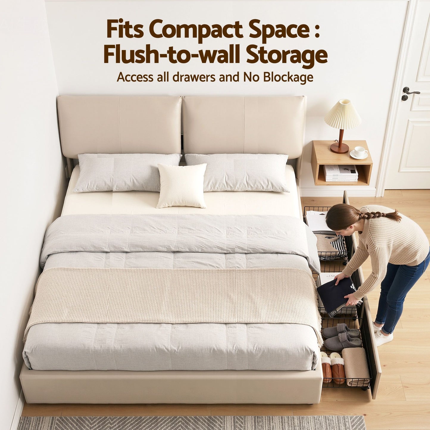 Zevora Bed Frame Gas Lift Storage 3 Drawers Adjustable Headboard Platform Base - Beige King