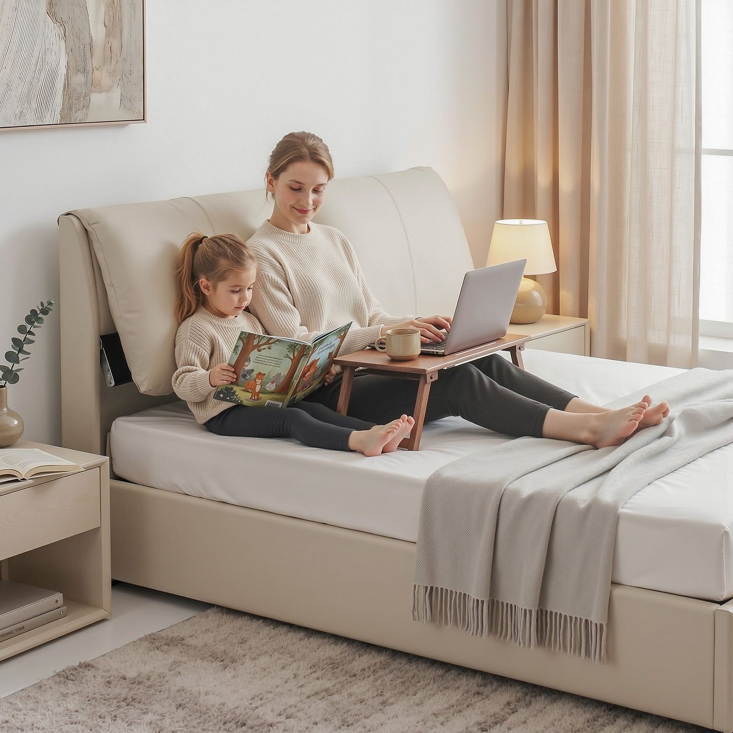 Zevora Bed Frame Gas Lift Storage 3 Drawers Adjustable Headboard Platform Base - Beige King