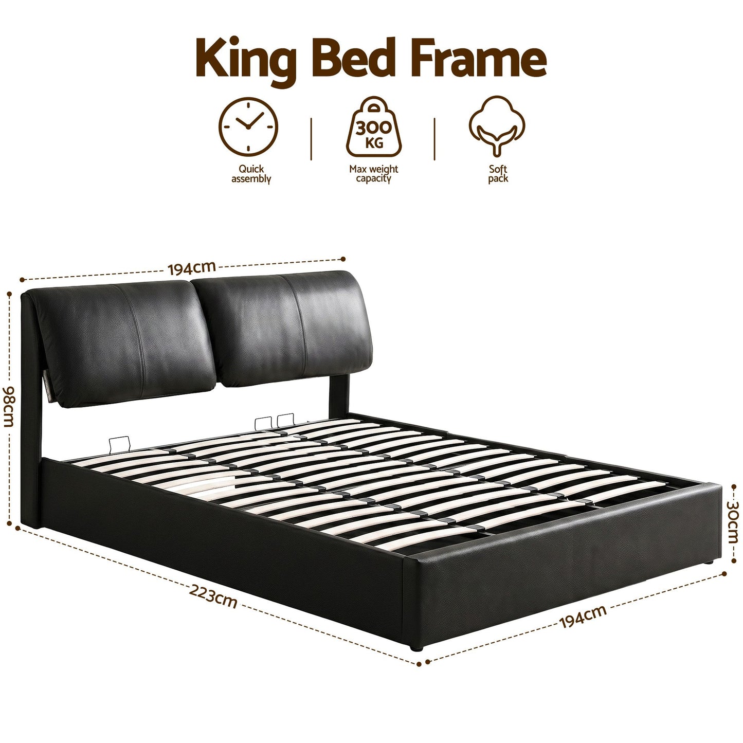 Zevora Bed Frame Gas Lift Storage 3 Drawers Adjustable Headboard Platform - Black King