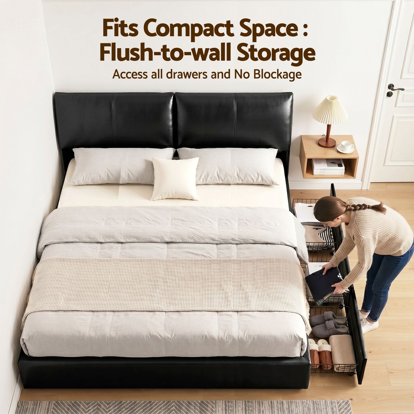 Zevora Bed Frame Gas Lift Storage 3 Drawers Adjustable Headboard Platform - Black King
