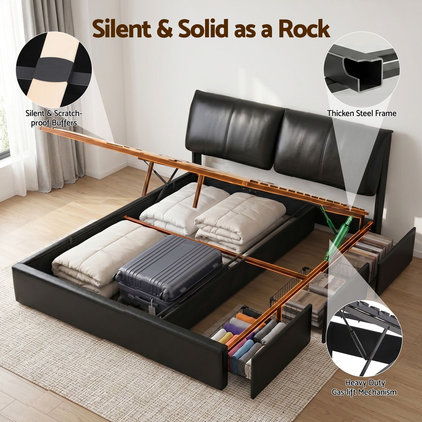 Zevora Bed Frame Gas Lift Storage 3 Drawers Adjustable Headboard Platform - Black King