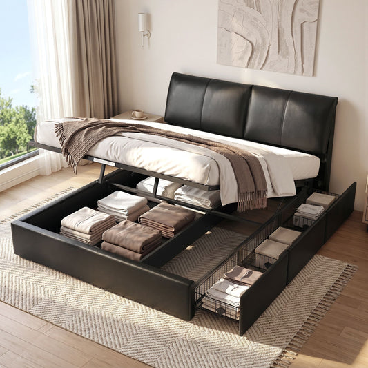 Zevora Bed Frame Gas Lift Storage 3 Drawers Adjustable Headboard Platform - Black King