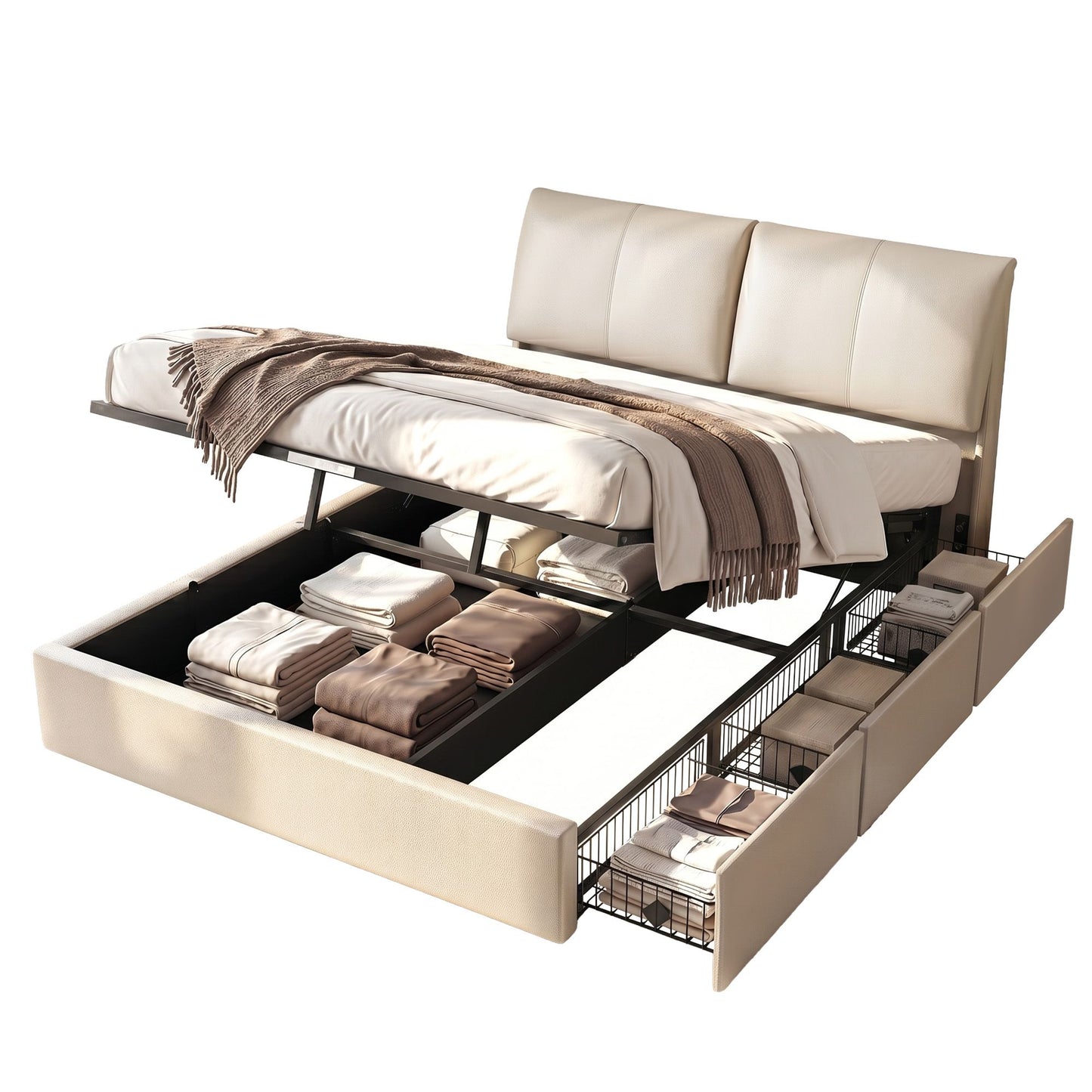 Zevora Bed Frame Gas Lift Storage 3 Drawers Adjustable Headboard Platform Base - Beige Queen
