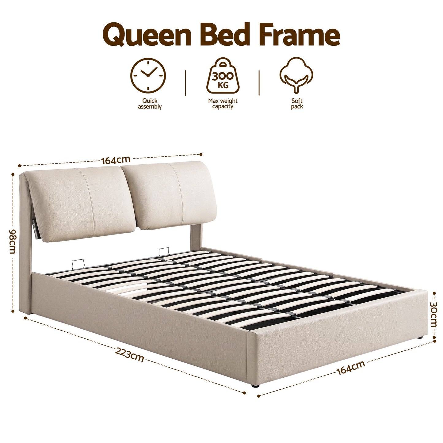 Zevora Bed Frame Gas Lift Storage 3 Drawers Adjustable Headboard Platform Base - Beige Queen