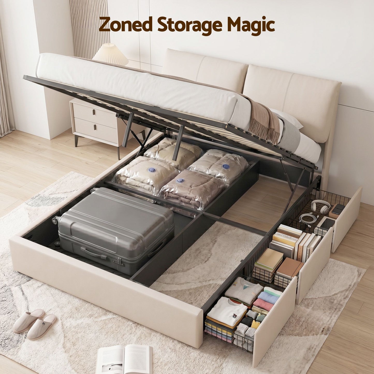 Zevora Bed Frame Gas Lift Storage 3 Drawers Adjustable Headboard Platform Base - Beige Queen