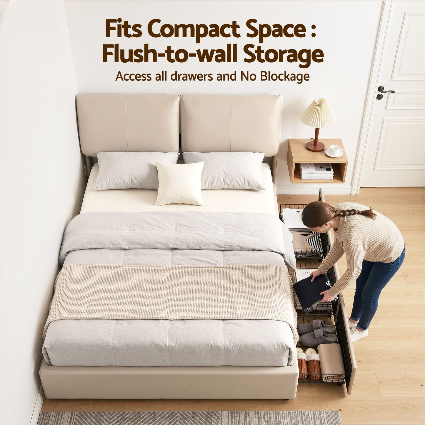 Zevora Bed Frame Gas Lift Storage 3 Drawers Adjustable Headboard Platform Base - Beige Queen