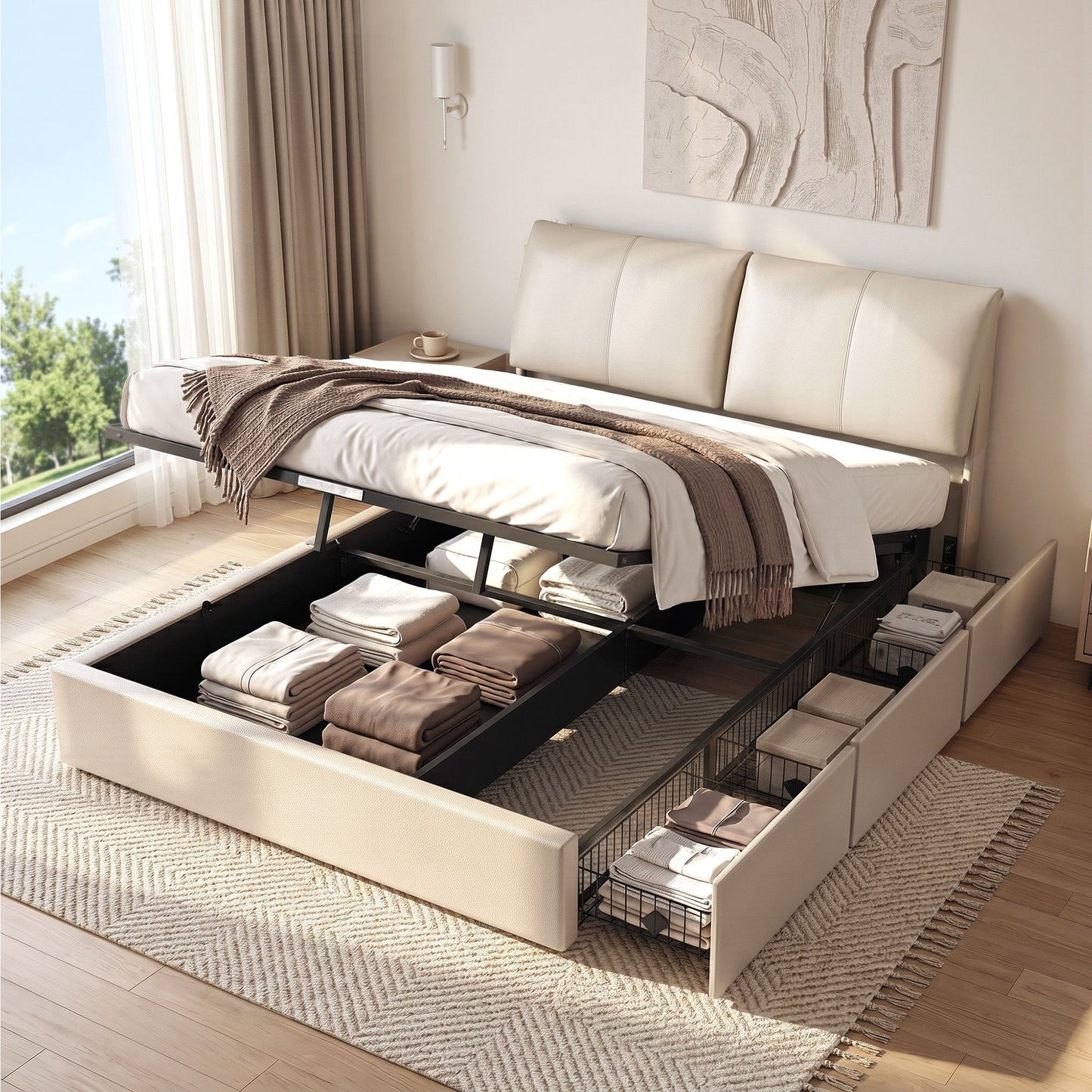 Zevora Bed Frame Gas Lift Storage 3 Drawers Adjustable Headboard Platform Base - Beige Queen