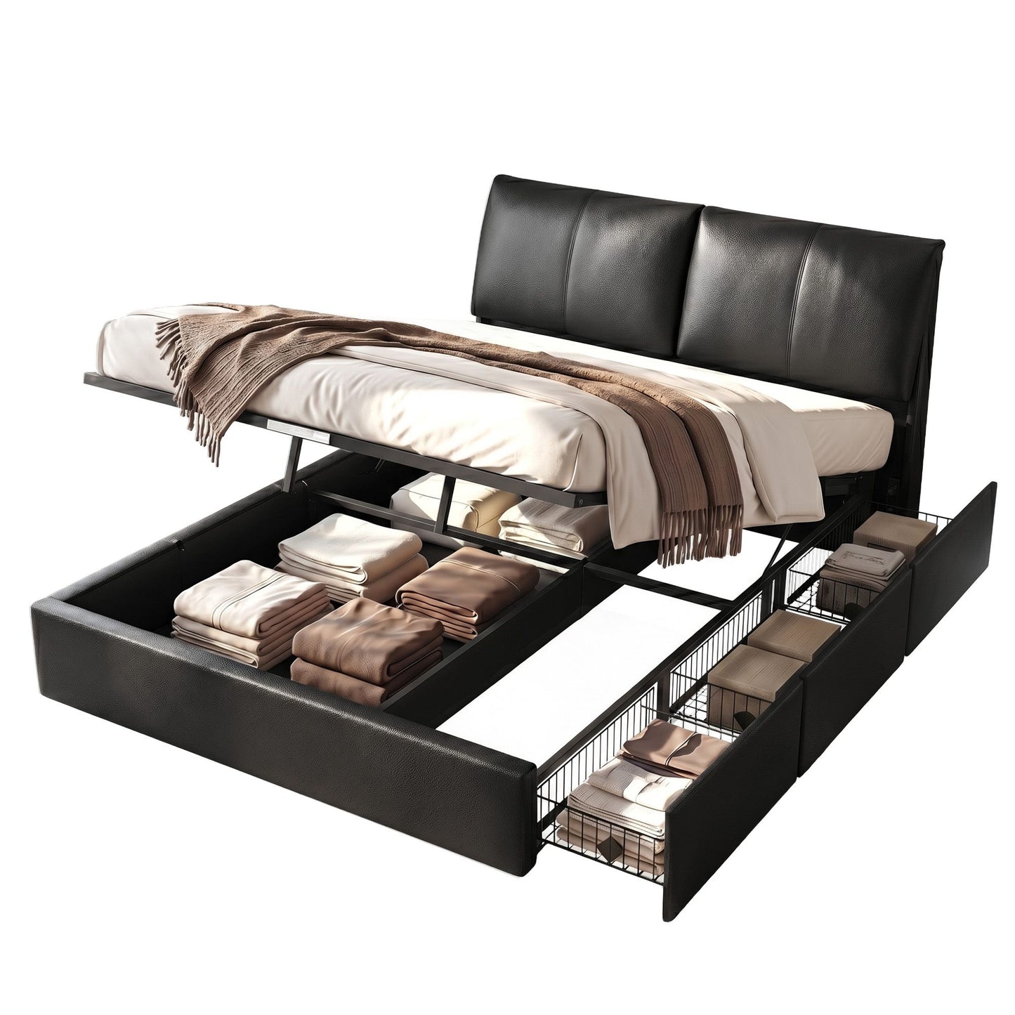 Zevora Bed Frame Gas Lift Storage 3 Drawers Adjustable Headboard Platform Bed - Black Queen