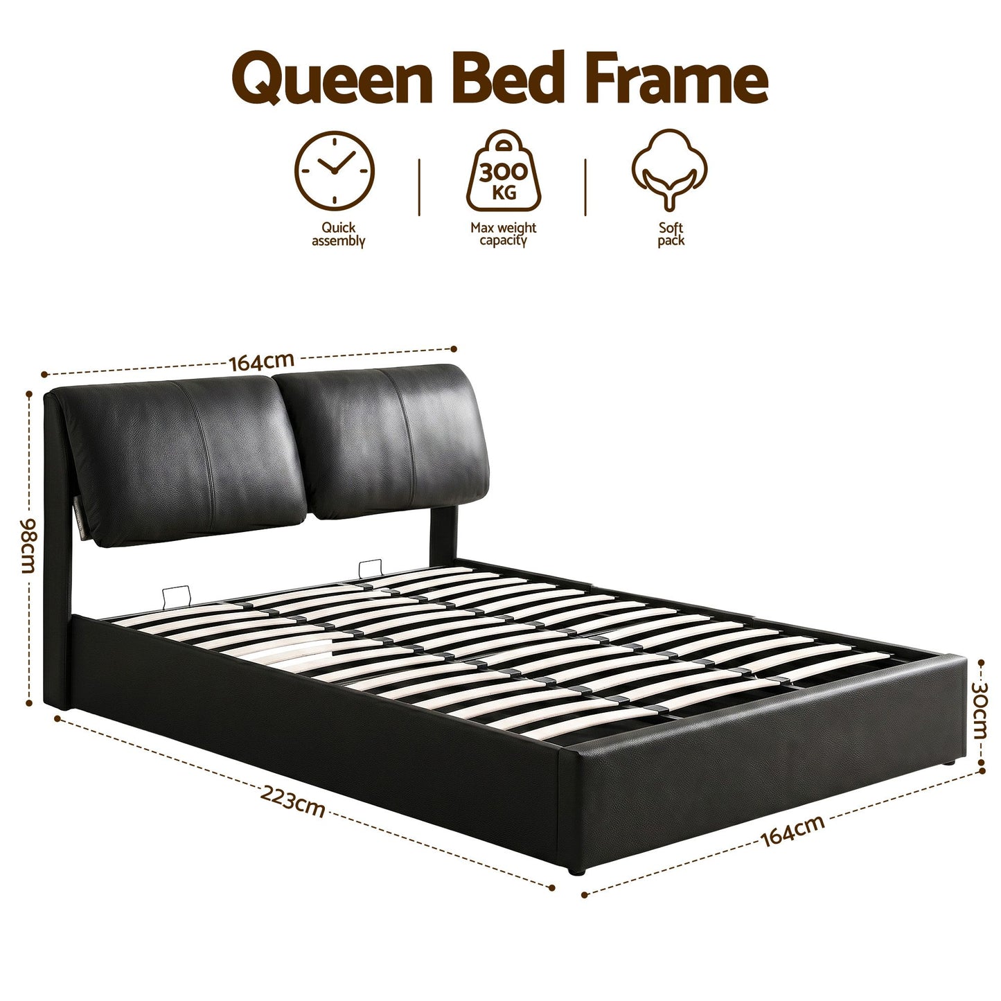 Zevora Bed Frame Gas Lift Storage 3 Drawers Adjustable Headboard Platform Bed - Black Queen