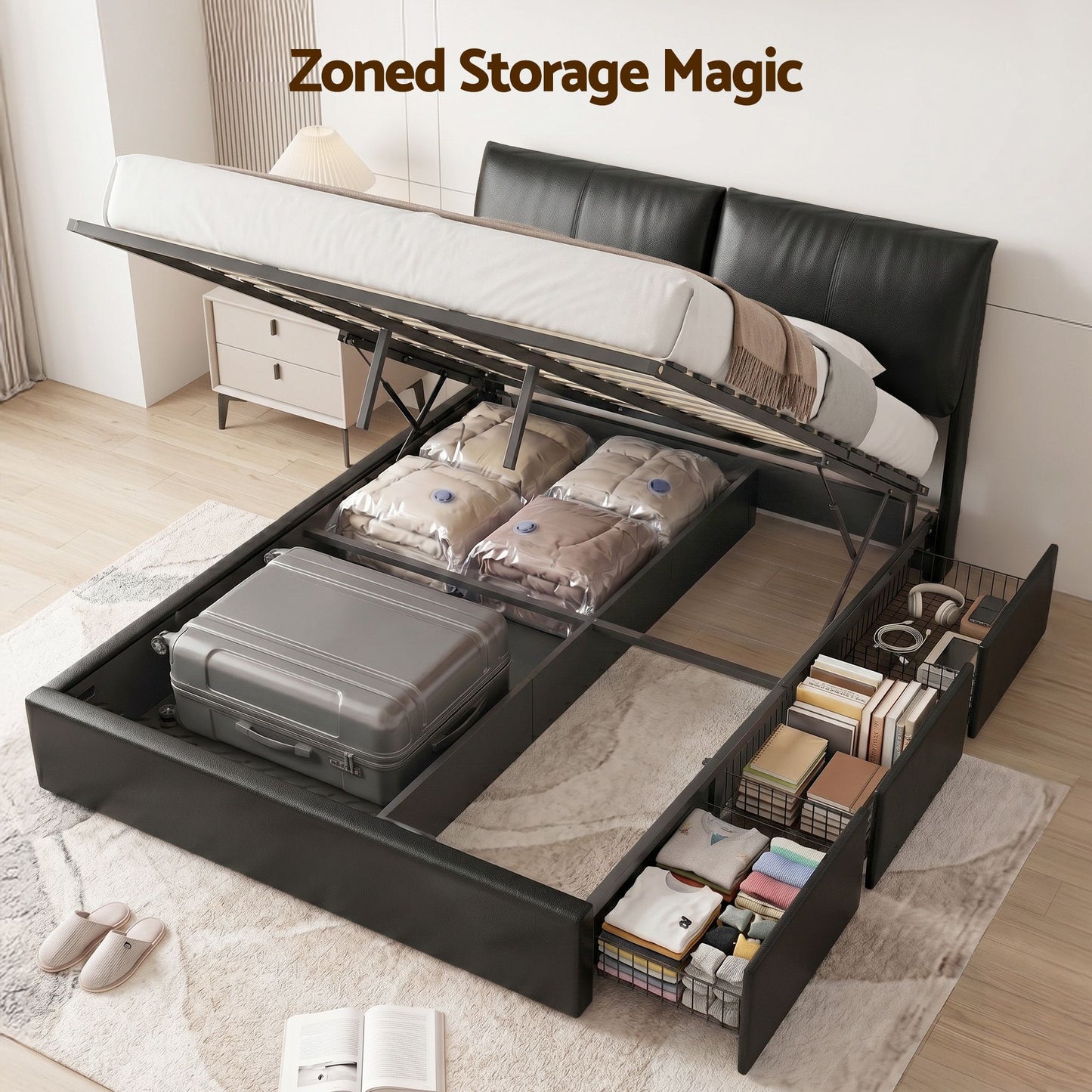 Zevora Bed Frame Gas Lift Storage 3 Drawers Adjustable Headboard Platform Bed - Black Queen