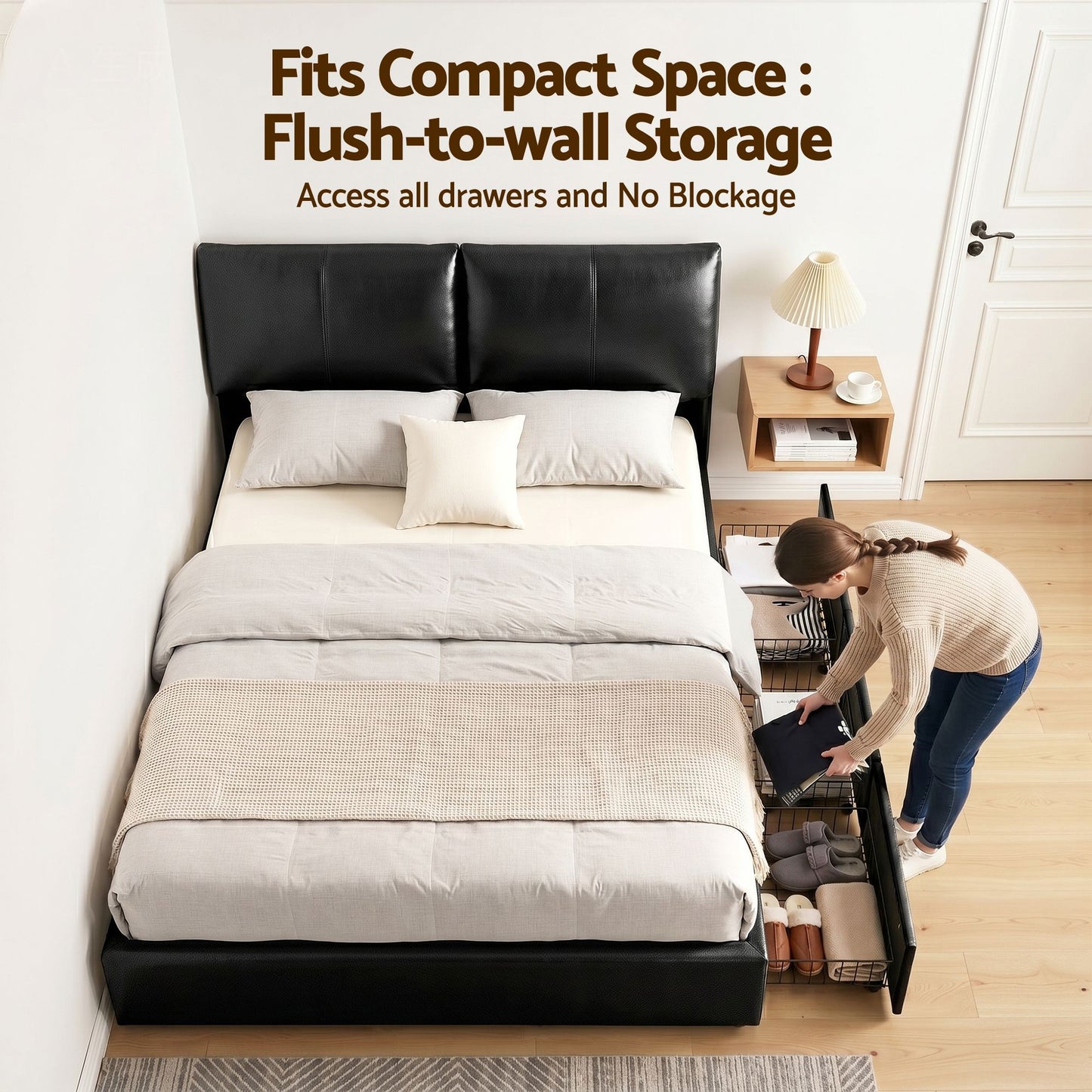 Zevora Bed Frame Gas Lift Storage 3 Drawers Adjustable Headboard Platform Bed - Black Queen
