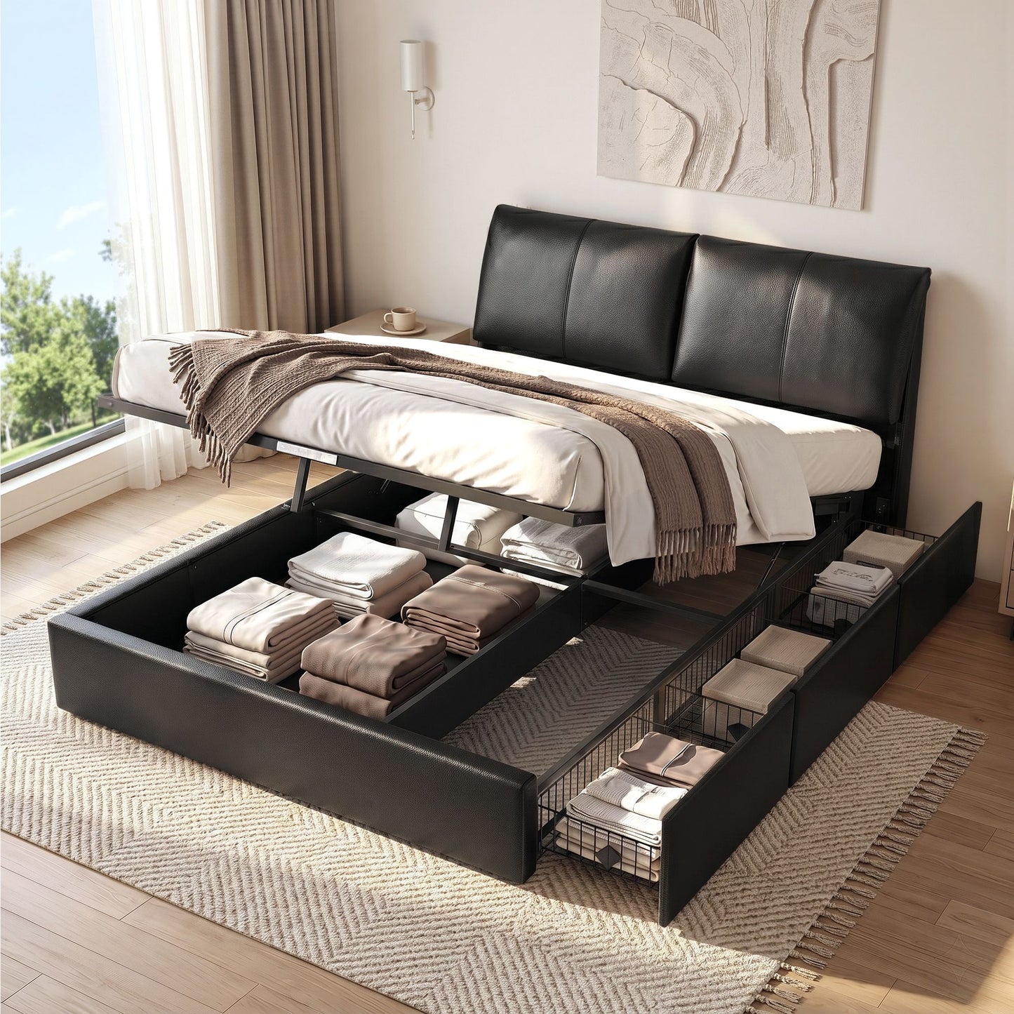 Zevora Bed Frame Gas Lift Storage 3 Drawers Adjustable Headboard Platform Bed - Black Queen