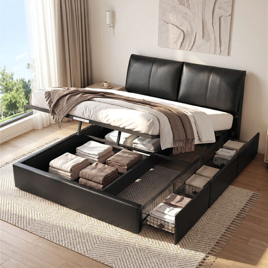 Zevora Bed Frame Gas Lift Storage 3 Drawers Adjustable Headboard Platform Bed - Black Queen