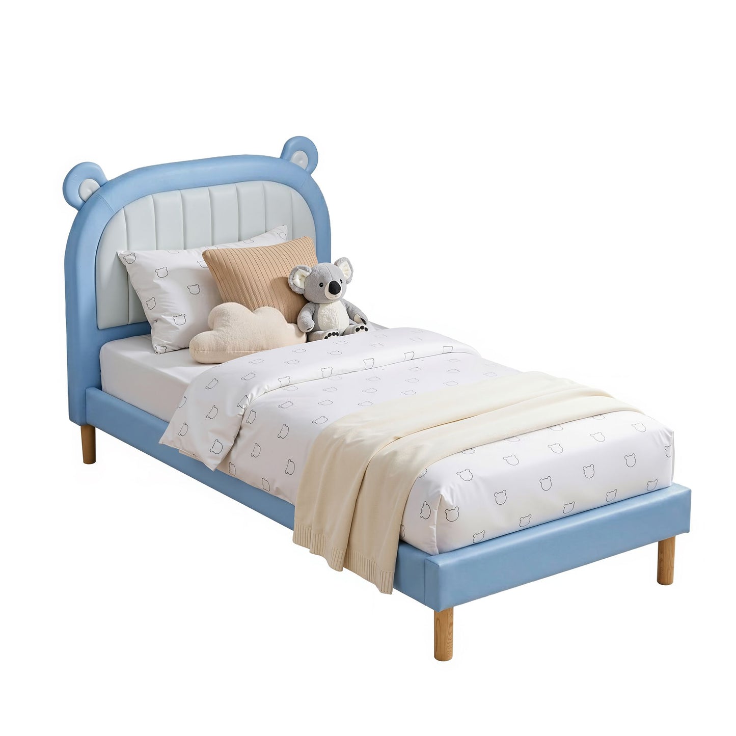 Calix Bed Frame Upholstered Bear Headboard Waterproof Leather - Blue King Single
