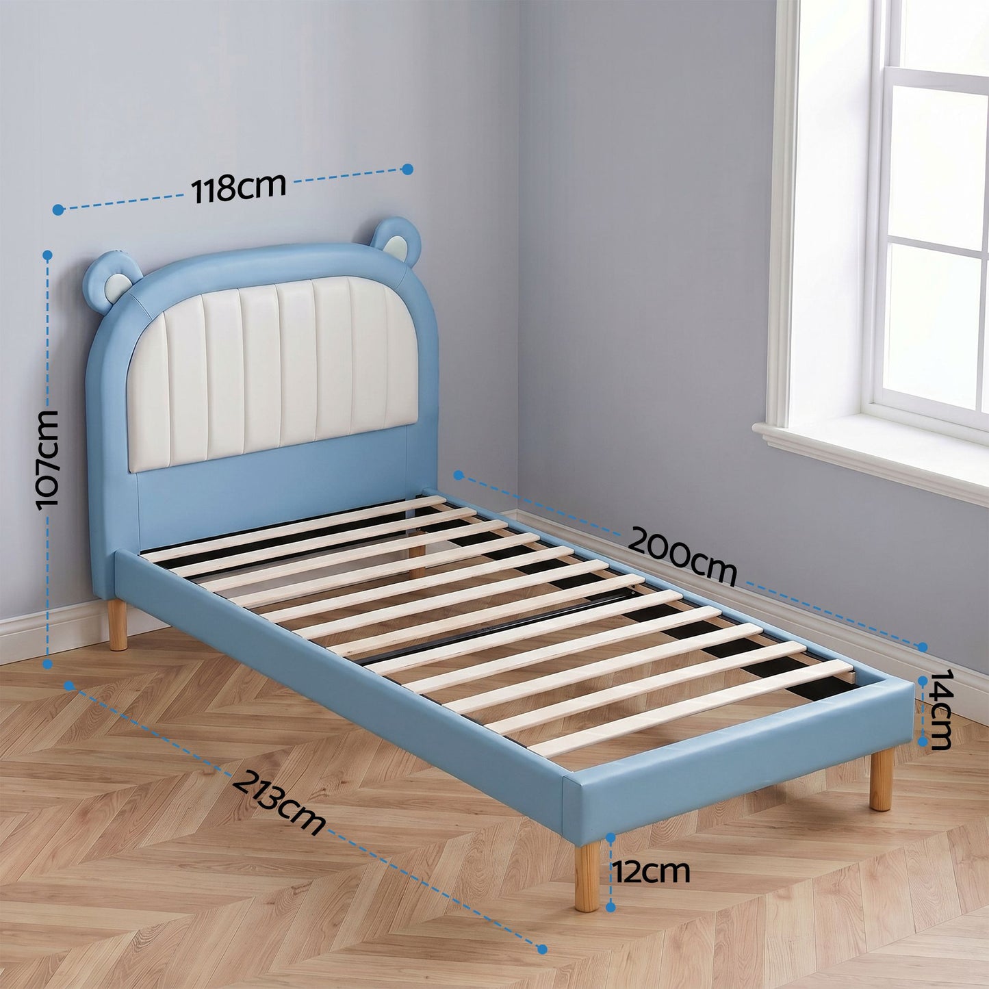 Calix Bed Frame Upholstered Bear Headboard Waterproof Leather - Blue King Single