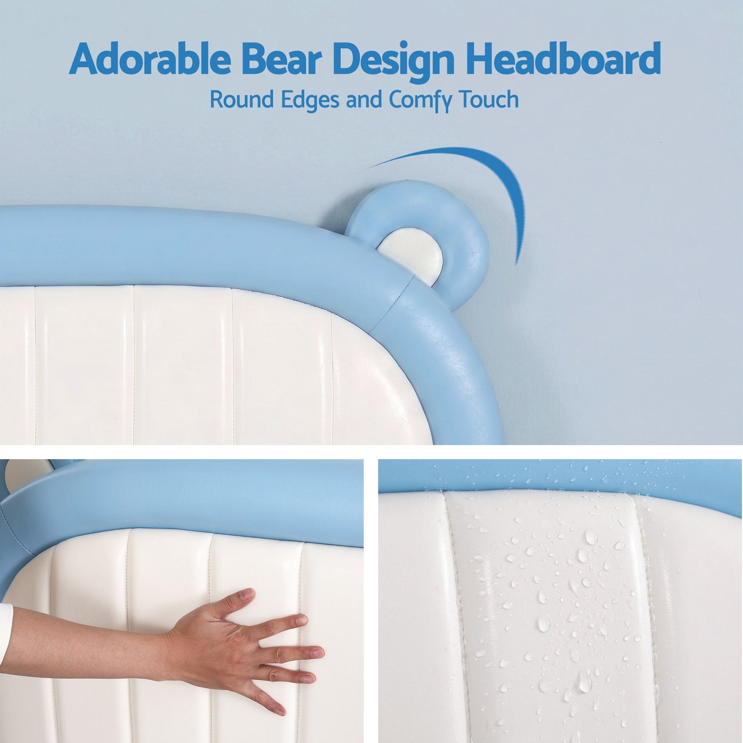 Calix Bed Frame Upholstered Bear Headboard Waterproof Leather - Blue King Single
