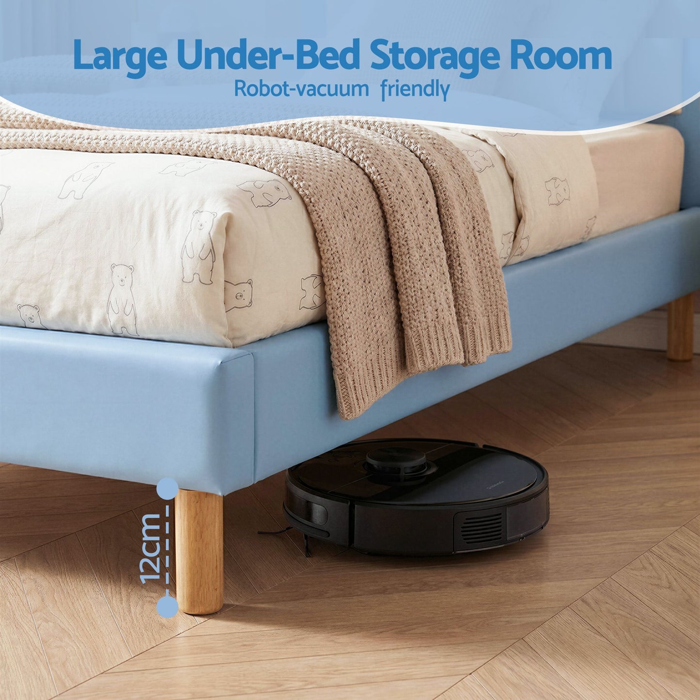 Calix Bed Frame Upholstered Bear Headboard Waterproof Leather - Blue King Single
