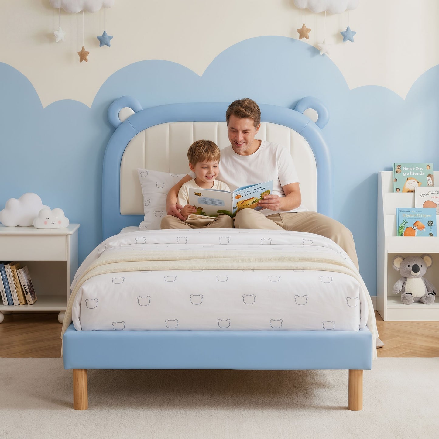 Calix Bed Frame Upholstered Bear Headboard Waterproof Leather - Blue King Single