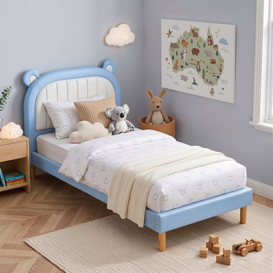 Calix Bed Frame Upholstered Bear Headboard Waterproof Leather - Blue King Single