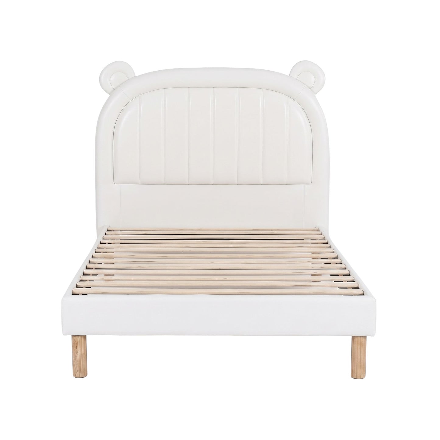 Shiemi Kids Bed Frame Bear Ears Headboard Upholstered Leather Platform Bed - White King Single
