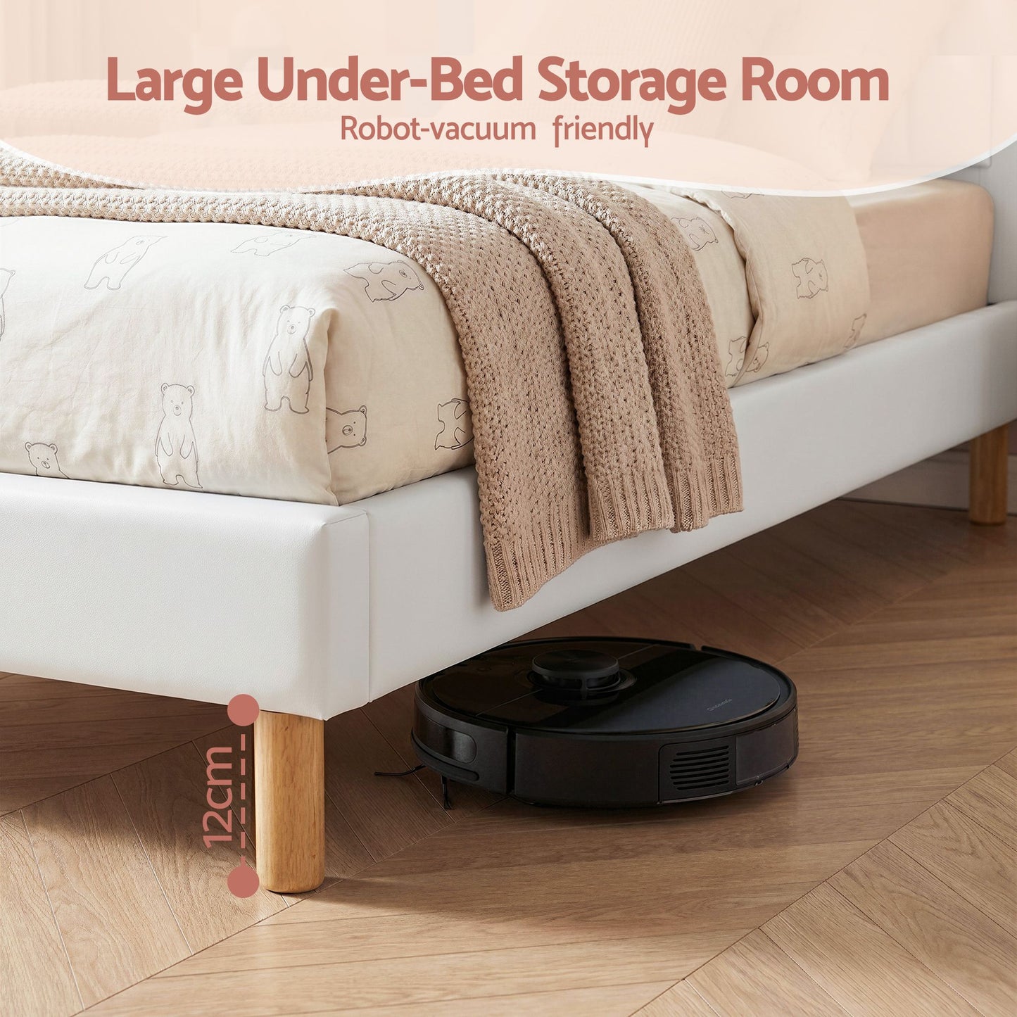 Shiemi Kids Bed Frame Bear Ears Headboard Upholstered Leather Platform Bed - White King Single