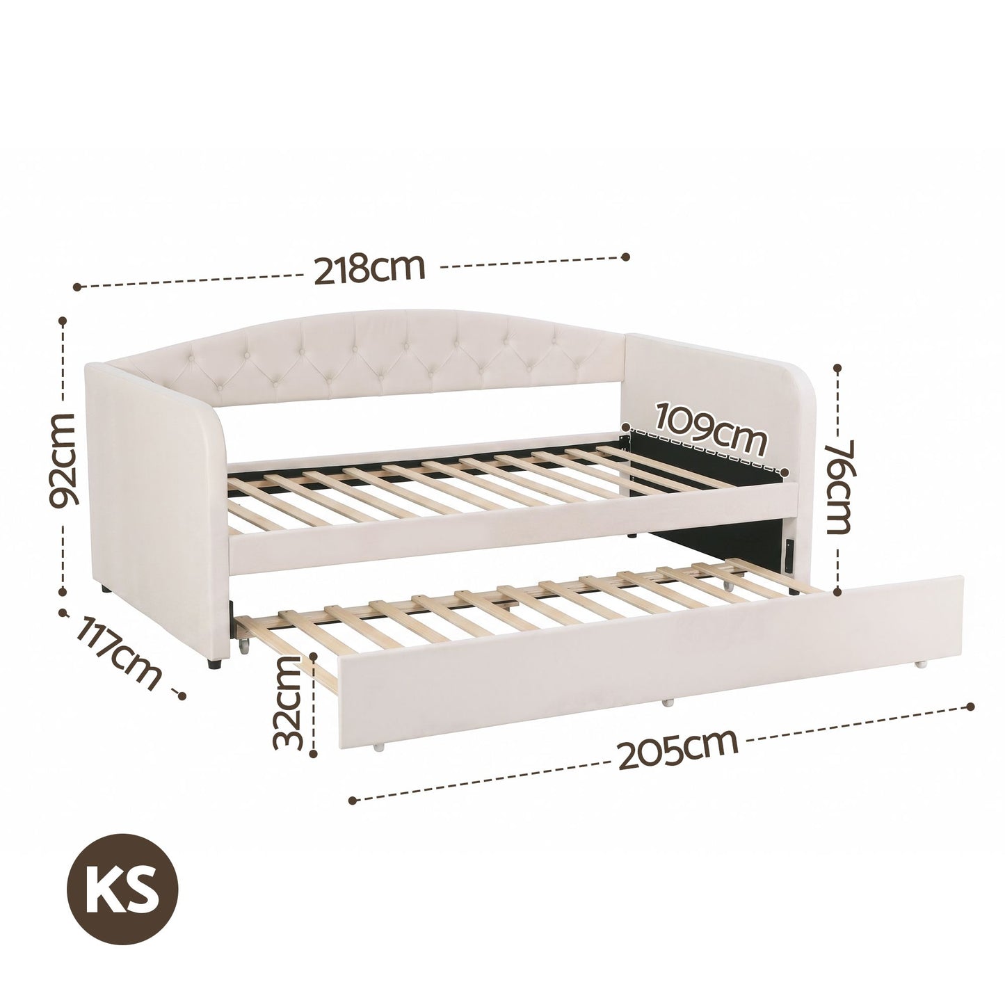Virelle Daybed Velvet Trundle Bed Frame Tufted Guest Bed - White King Single