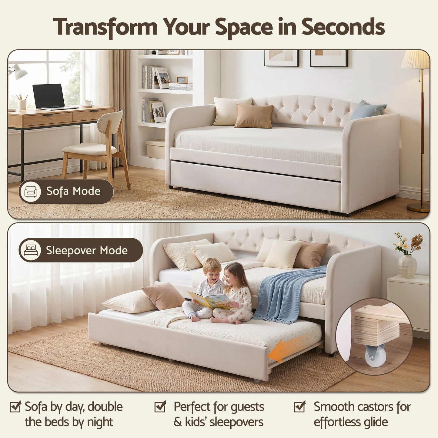 Virelle Daybed Velvet Trundle Bed Frame Tufted Guest Bed - White King Single