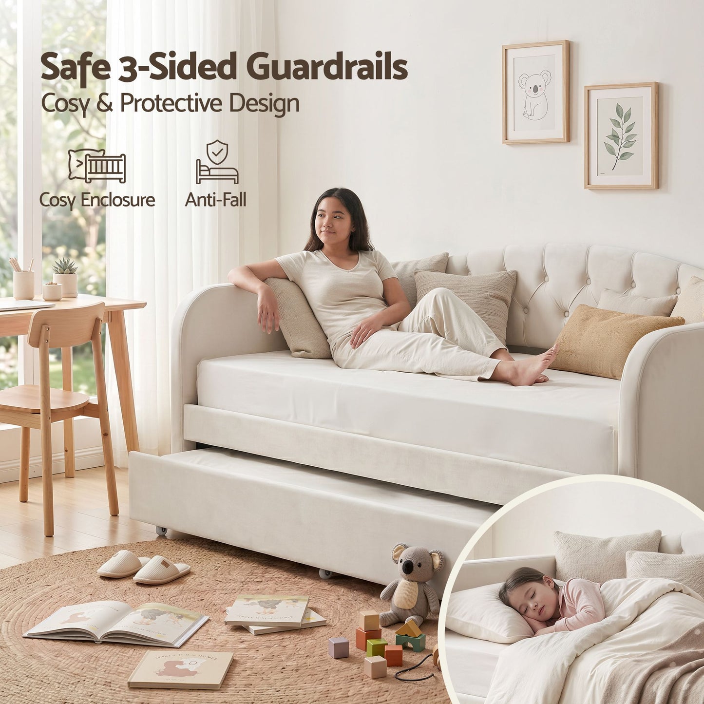 Virelle Daybed Velvet Trundle Bed Frame Tufted Guest Bed - White King Single