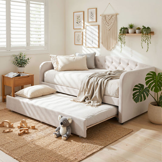 Virelle Daybed Velvet Trundle Bed Frame Tufted Guest Bed - White King Single
