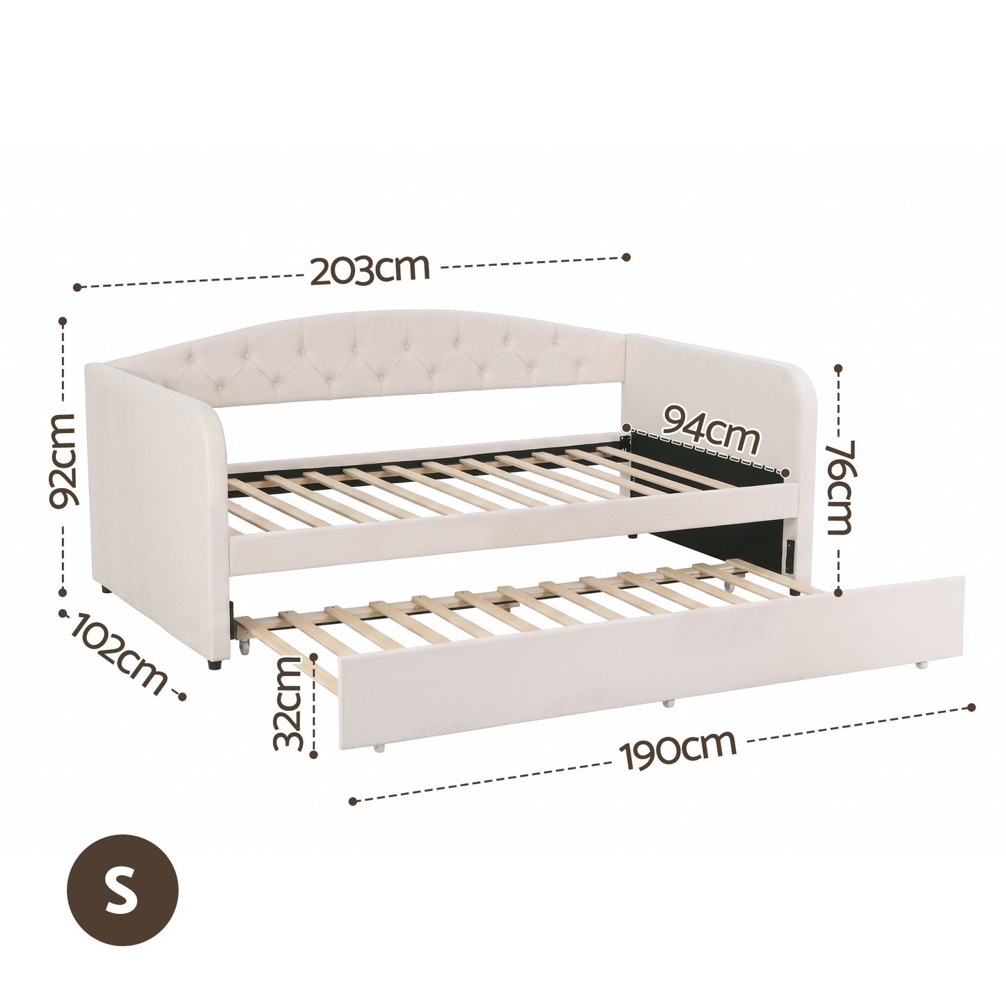 Virelle Daybed Velvet Trundle Bed Frame Tufted Guest Bed - White Single