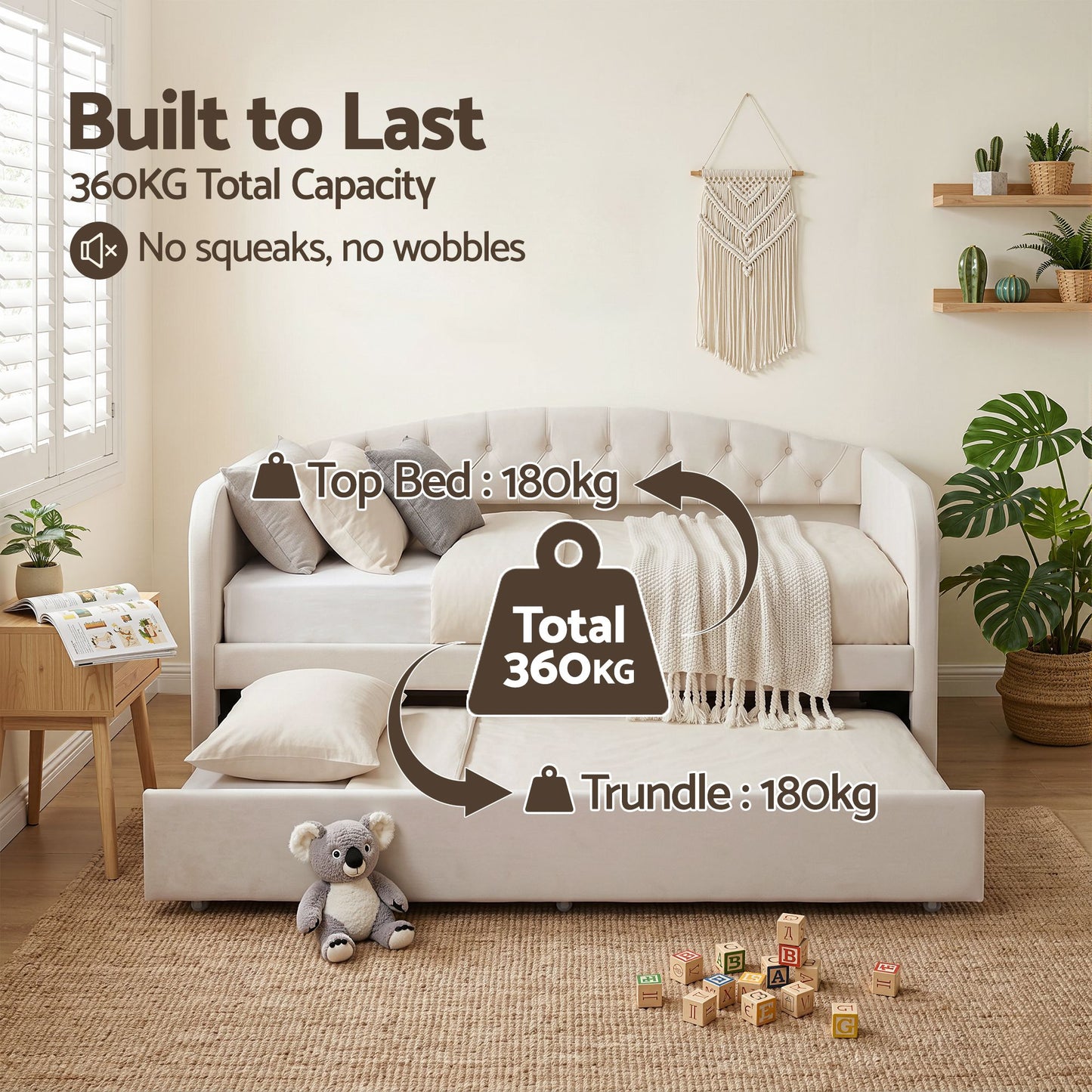 Virelle Daybed Velvet Trundle Bed Frame Tufted Guest Bed - White Single