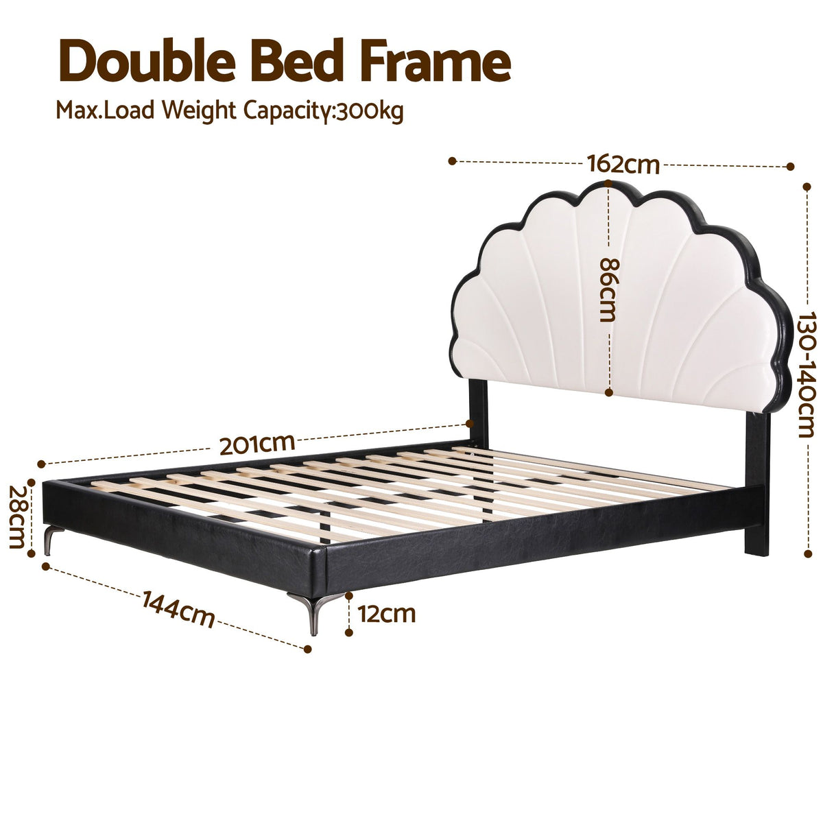 Linden Bed Frame with Adjustable Shell Headboard and PVC Upholstery - Black Double
