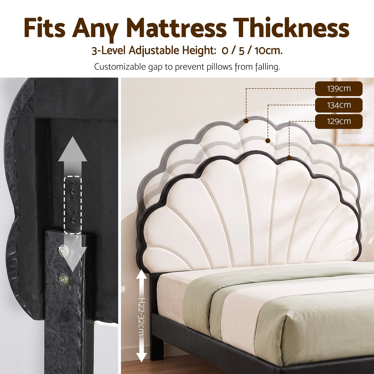 Linden Bed Frame with Adjustable Shell Headboard and PVC Upholstery - Black Double