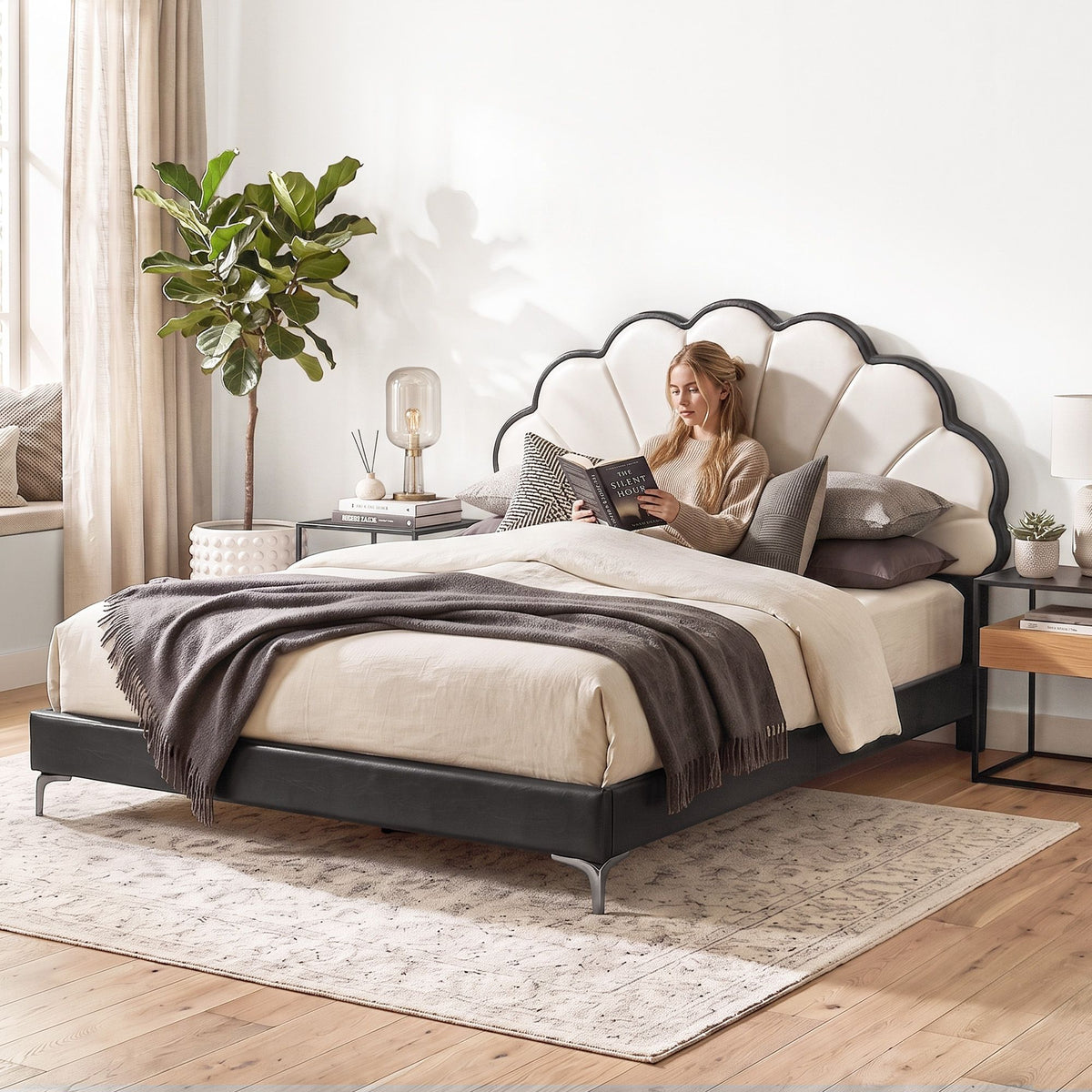 Linden Bed Frame with Adjustable Shell Headboard and PVC Upholstery - Black Double