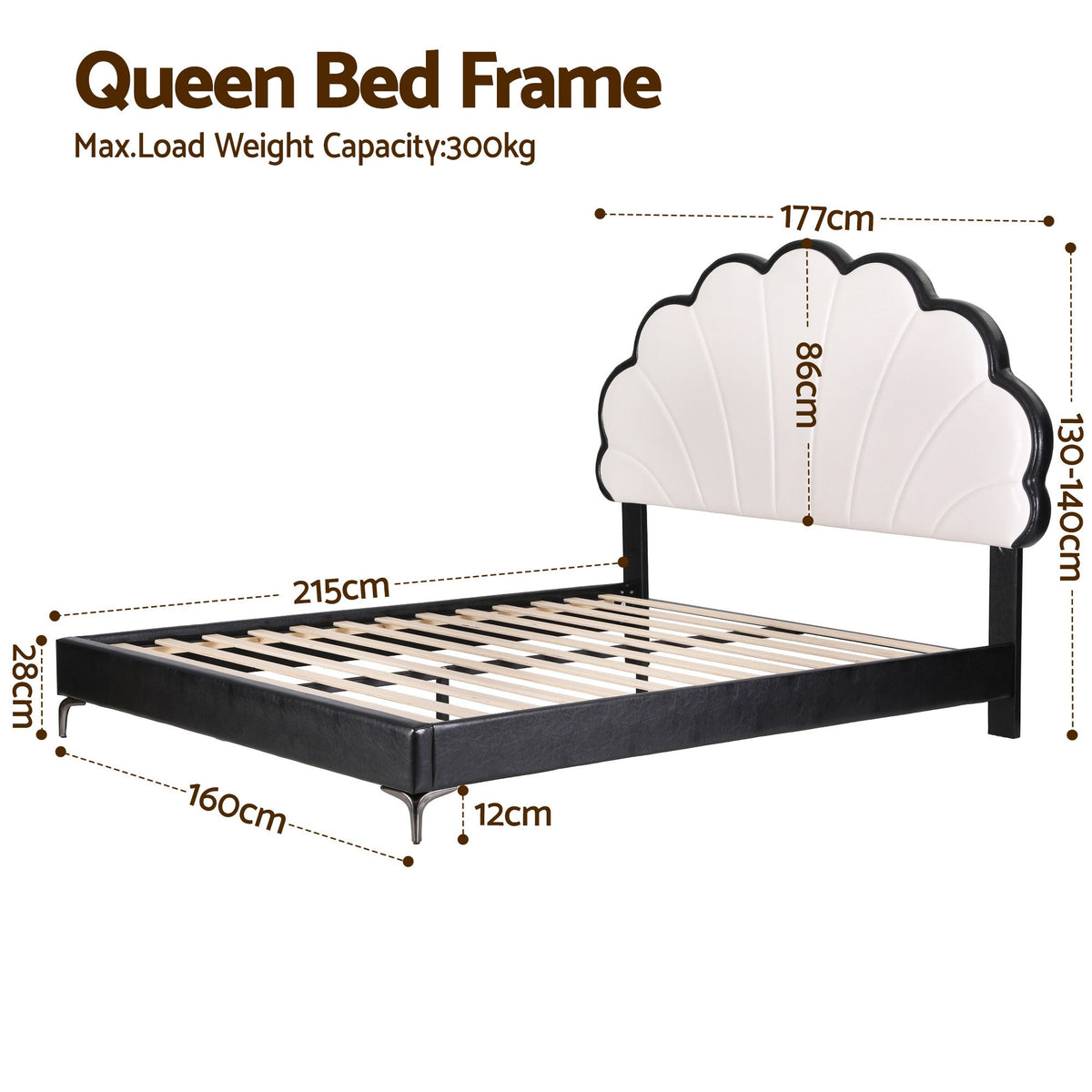 Linden Bed Frame with Adjustable Shell Headboard and PVC Upholstery - Black Queen