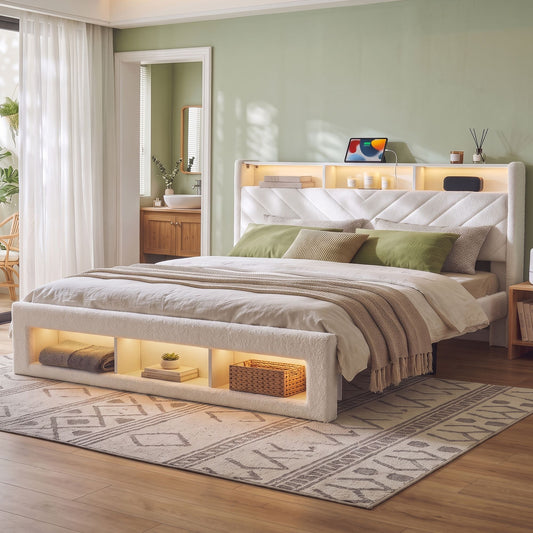 Parma Bed Frame with Storage Charging Station & LED - White King