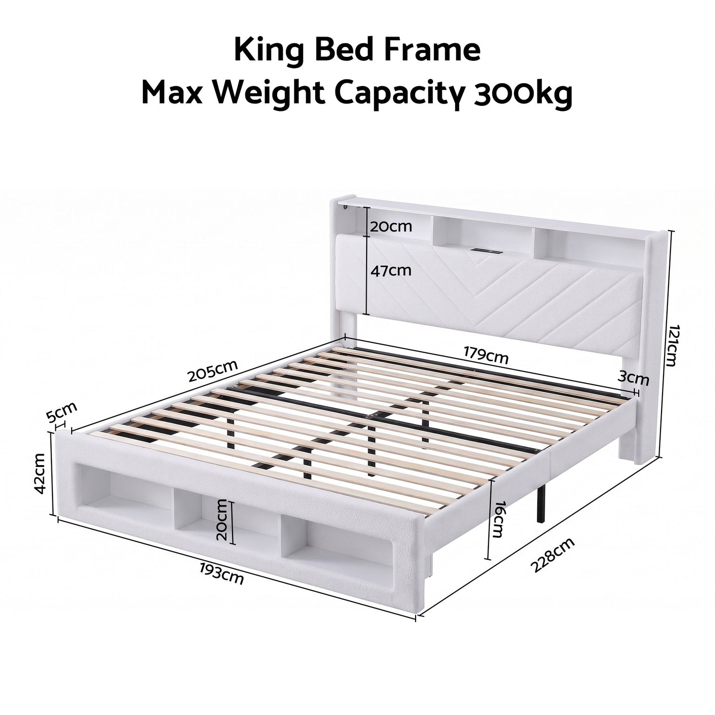 Parma Bed Frame with Storage Charging Station & LED - White King