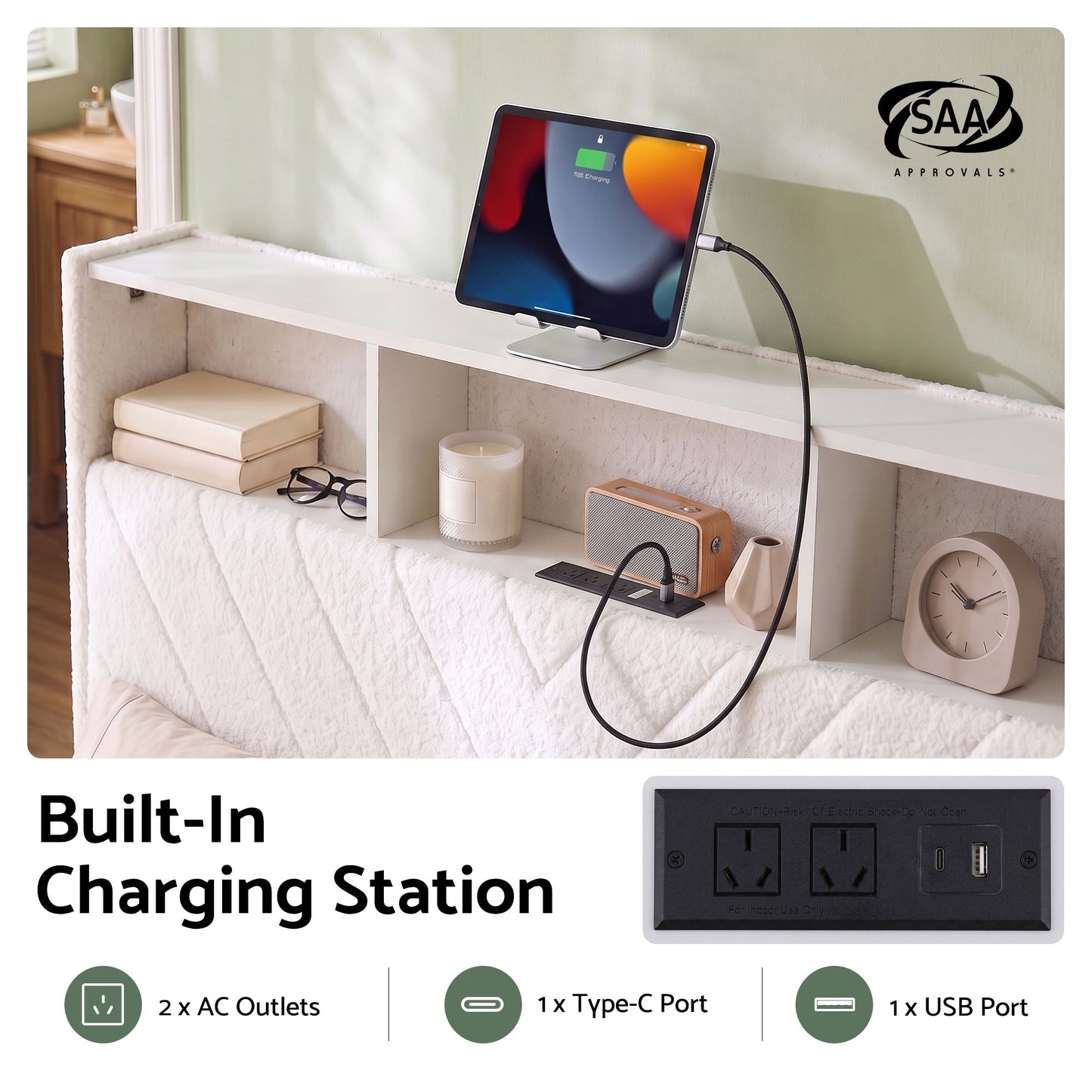 Parma Bed Frame with Storage Charging Station & LED - White King