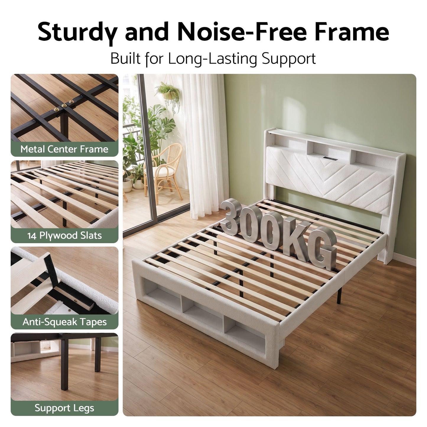 Parma Bed Frame with Storage Charging Station & LED - White King