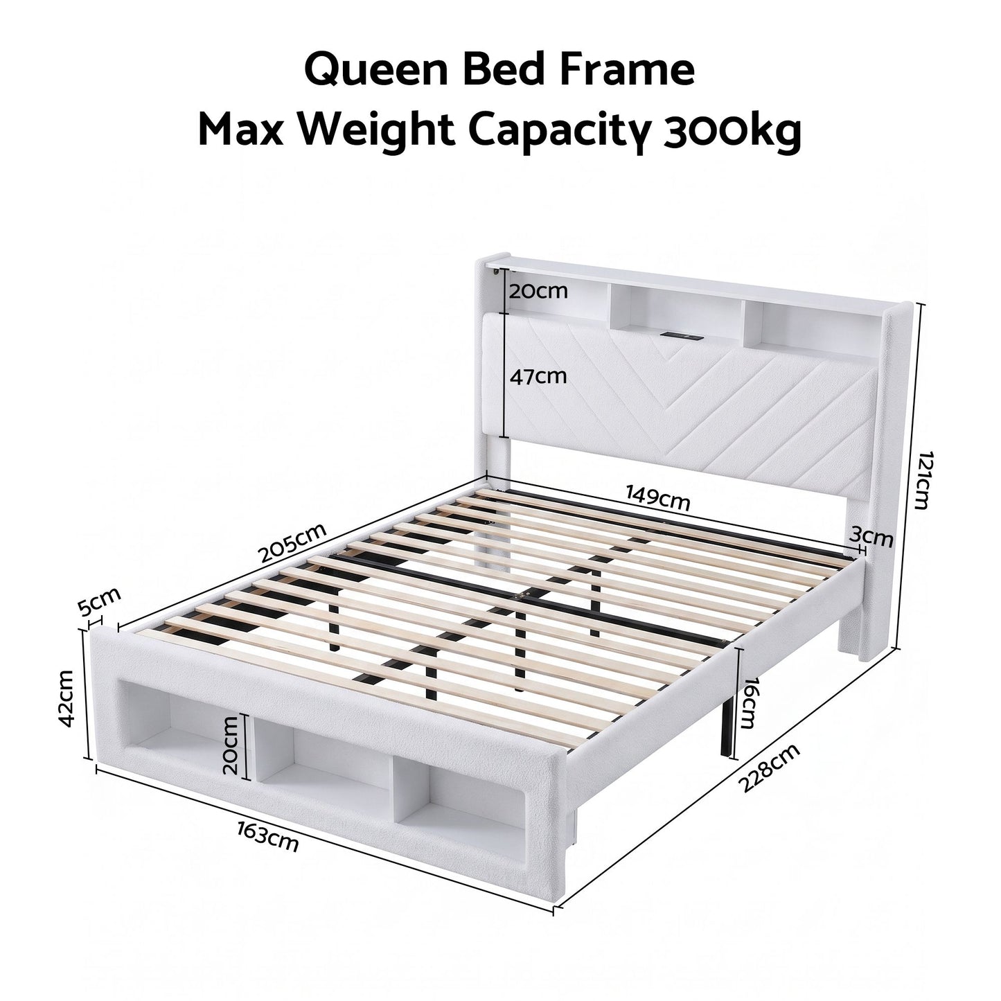 Parma Bed Frame with Storage Charging Station & LED  - White Queen