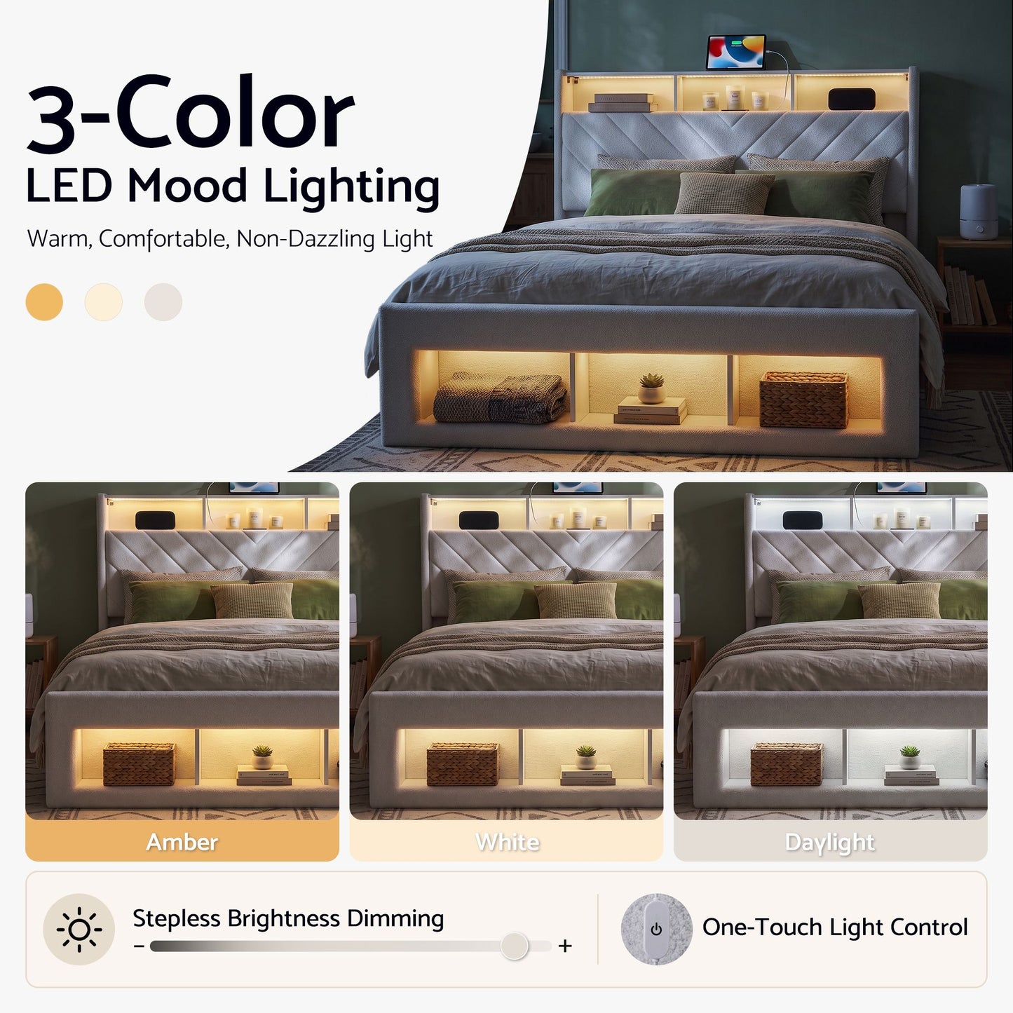 Parma Bed Frame with Storage Charging Station & LED  - White Queen