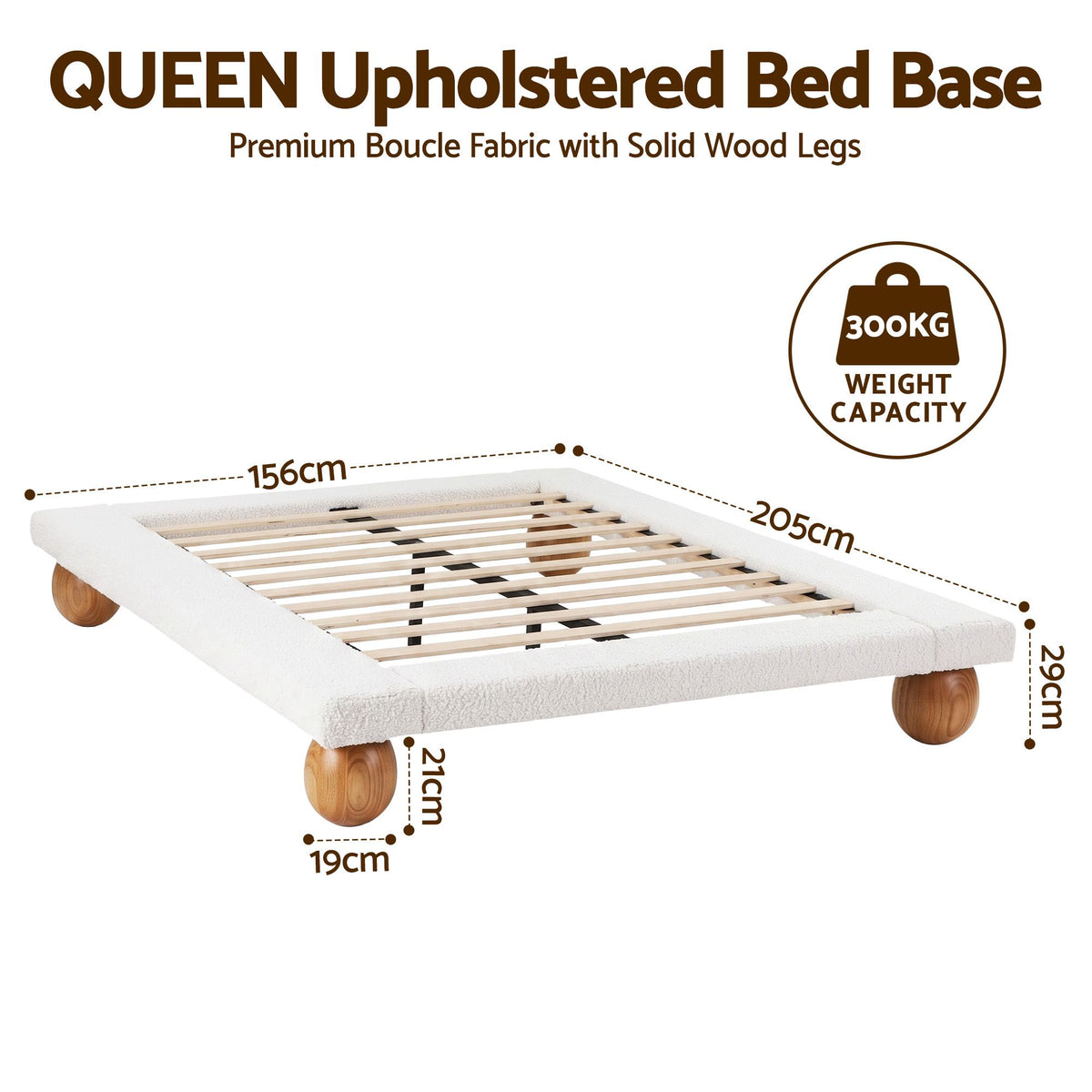 Cassian Bed Frame with Boucle Upholstery and Solid Rubber Wood Legs - White Queen