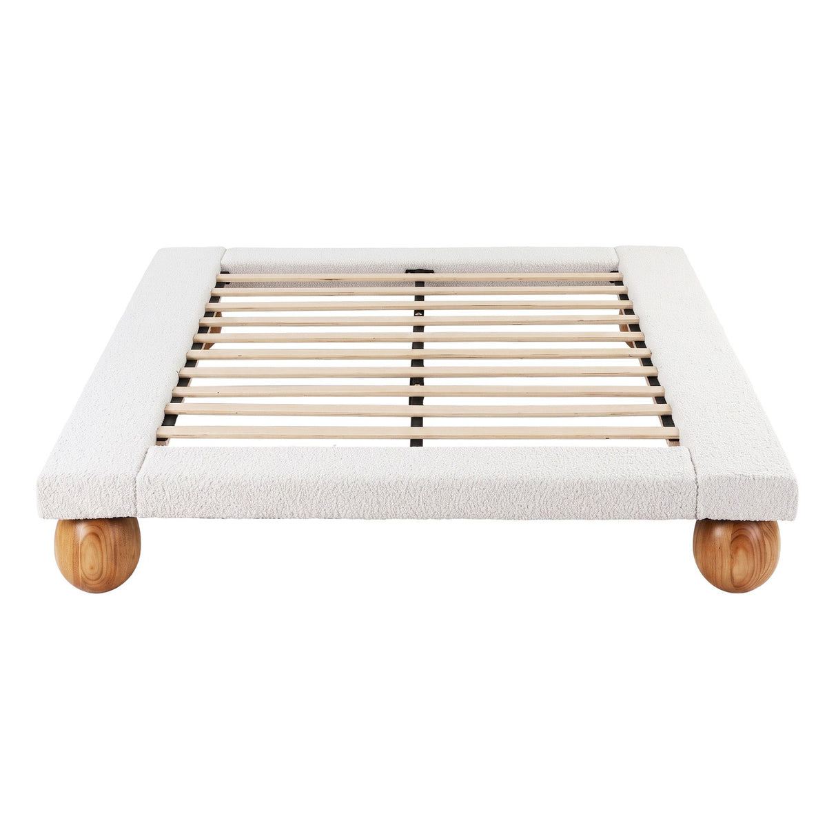 Cassian Bed Frame with Boucle Upholstery and Solid Rubber Wood Legs - White Queen
