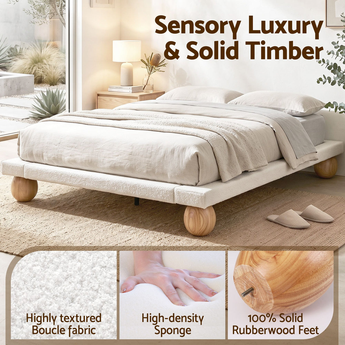 Cassian Bed Frame with Boucle Upholstery and Solid Rubber Wood Legs - White Queen
